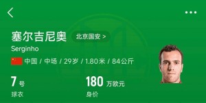 【千亿体育】180万欧！塞尔吉尼奥成为中国身价最高的球员，武磊120万欧第2